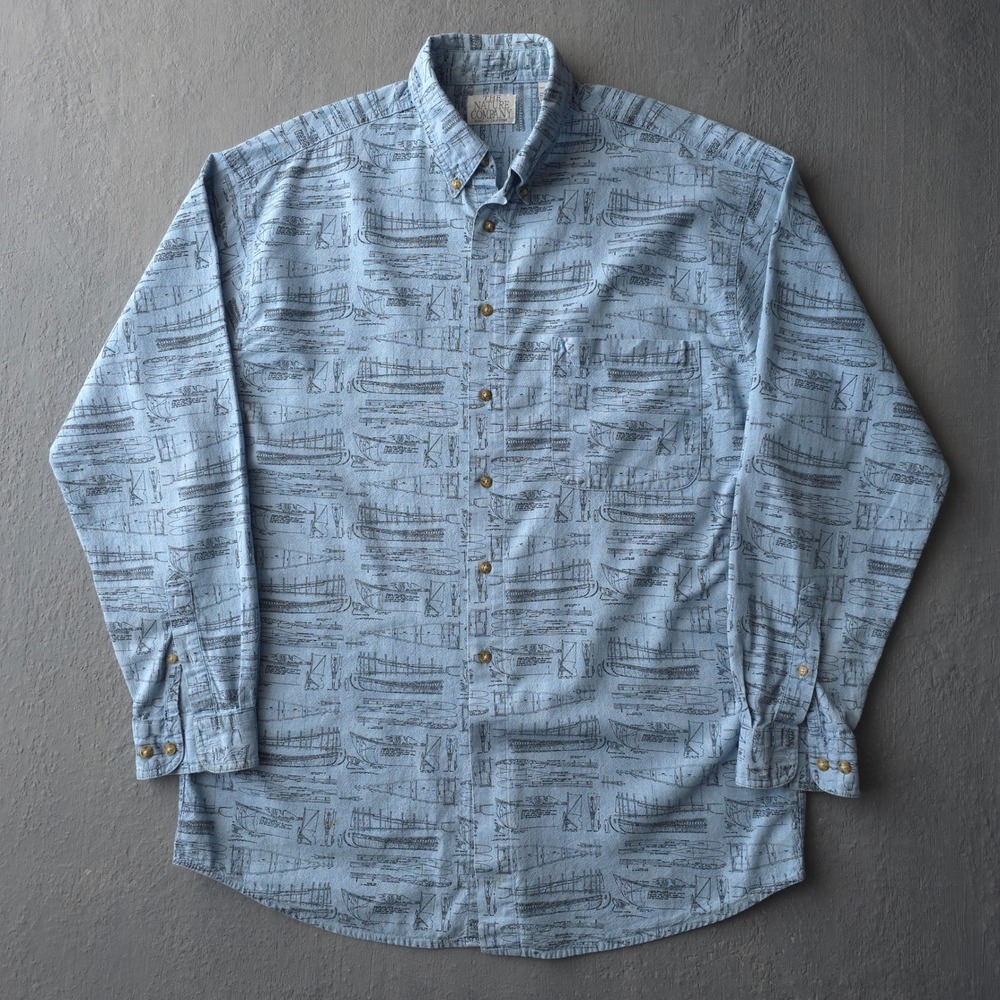 Vintage 90s The Nature Company Blue Boat Diagram Shirt Large Button Down Cotton